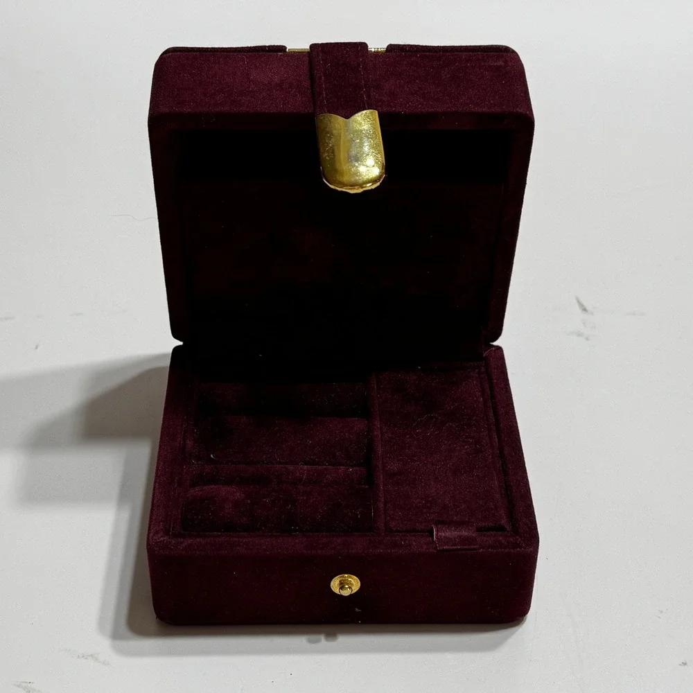 Vtg Burgundy Velvet Jewelry Box Gold Stripe Snap Closure Travel Case Organizer